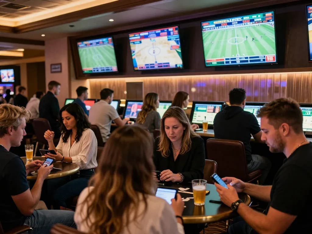 Hitclub patrons engaging in sports betting excitement with live screens and competitive atmosphere.