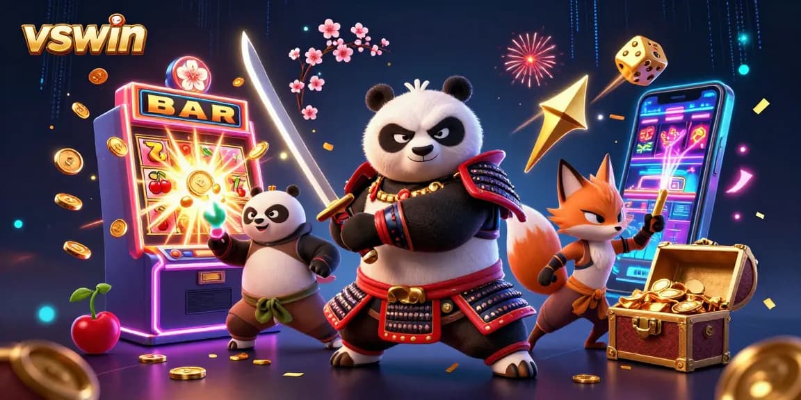 Win jackpots with vibrant vswin themed 3D casino illustration featuring samurai panda and ninja fox.