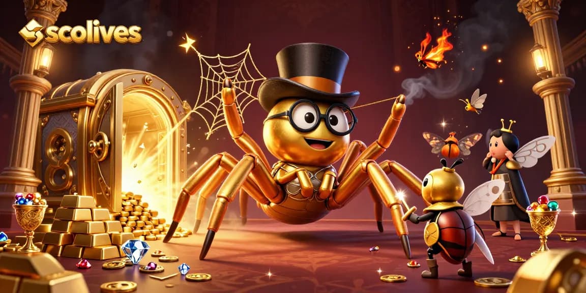 Socolives features a golden tarantula and beetle knight celebrating casino wins in vibrant detail.