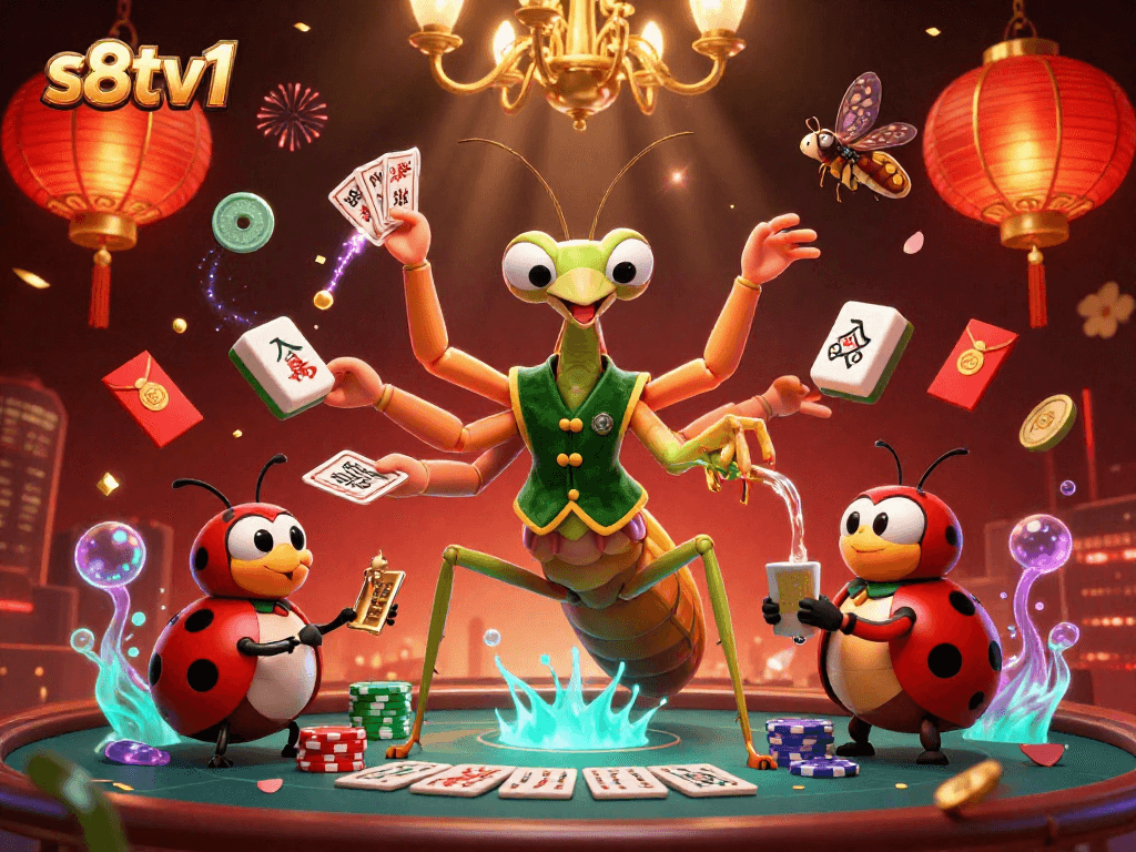 S8TV1 presents a lively scene with a giant praying mantis card dealer and a ladybug pit boss, enriching the gambling experience