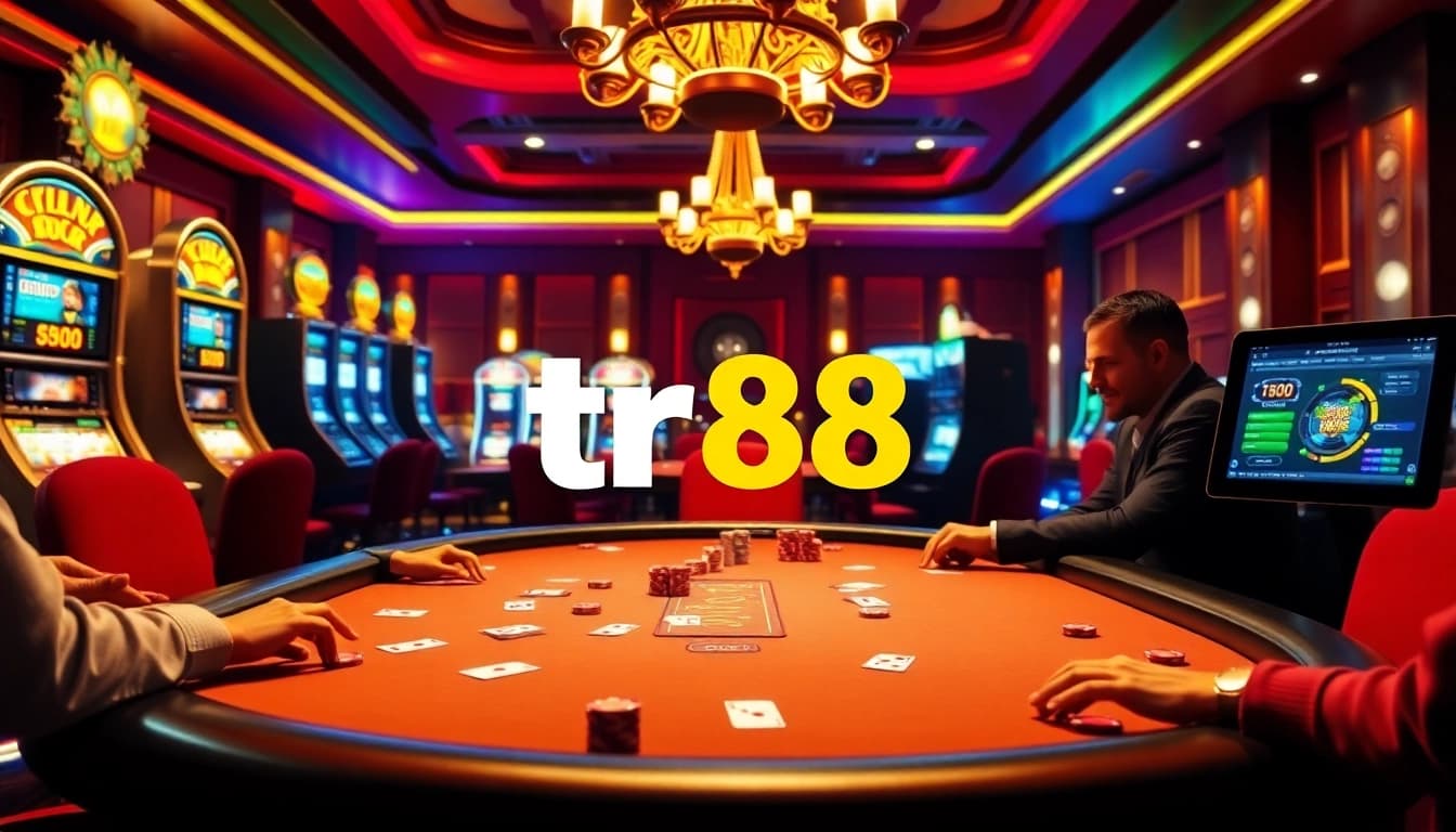Engaging players strategizing at a casino poker table, featuring tr88-themed chips and cards.