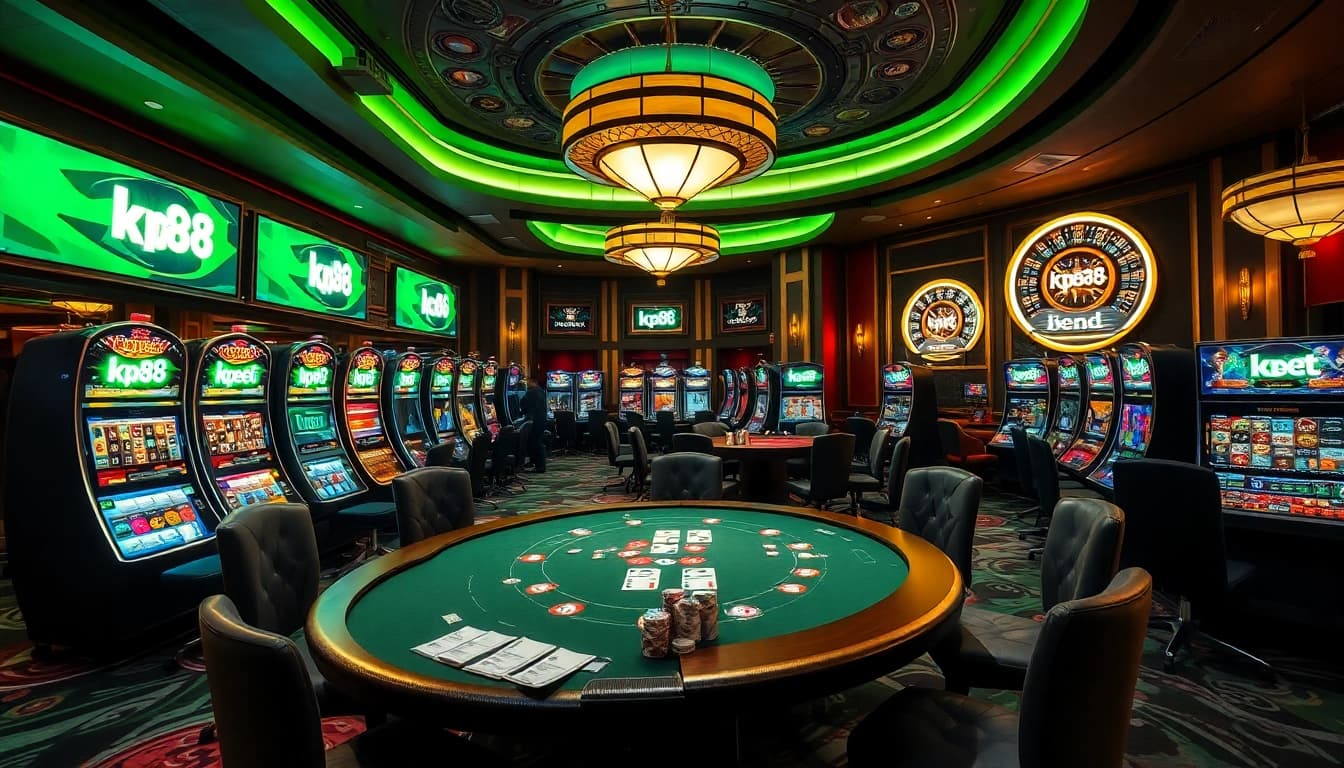 Engaging scene of players enjoying a high-stakes poker game at a luxurious casino with kp88 bet prominently featured.