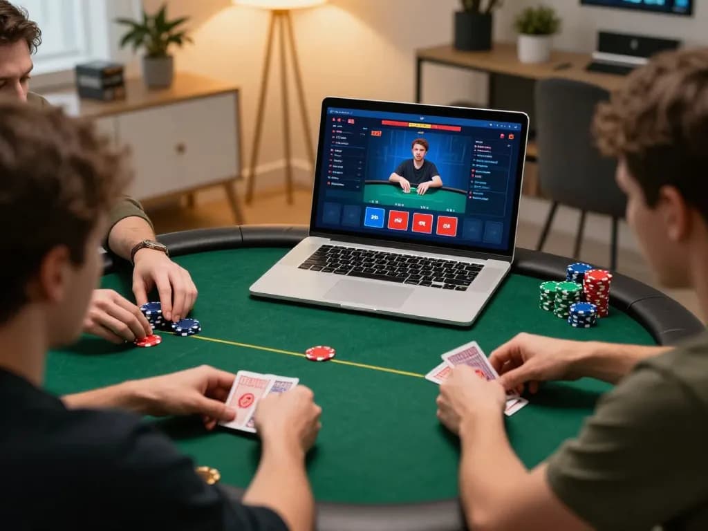 Engaged players strategizing over MM88 online casino poker game at home.
