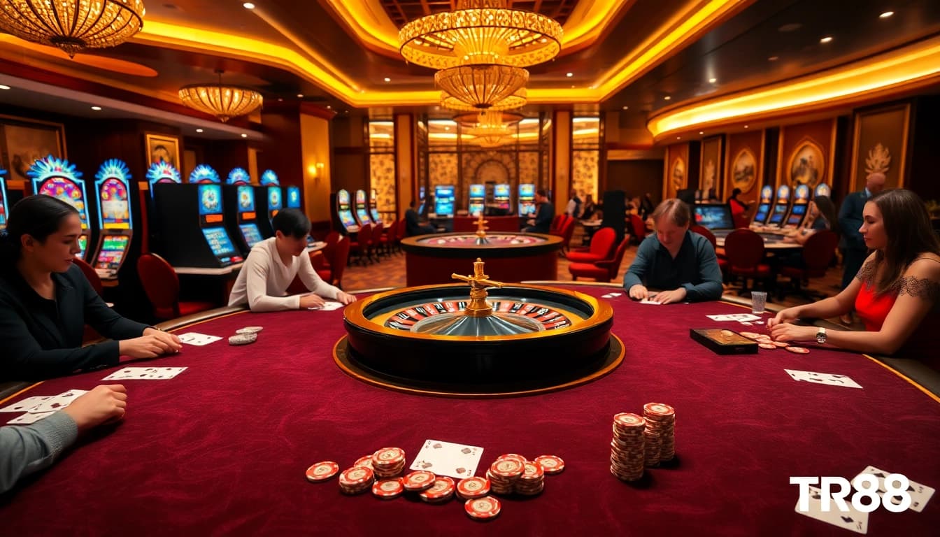 Experience thrilling gaming action at TR88 with luxurious poker tables and vibrant slot machines.