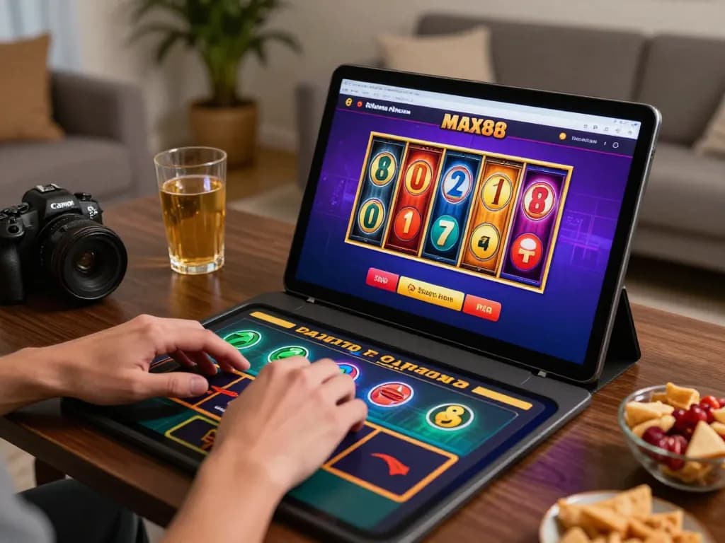 Player engaging with live dealer games on the MAX88 platform in a cozy home setup.