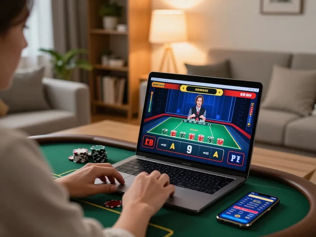 Engaging with online poker at https://mm88.se.net/ in a cozy home setup, highlighting responsible gaming.