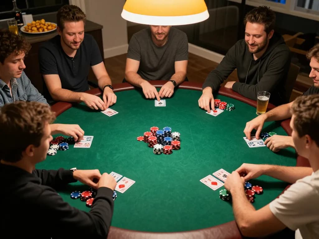 8KBET players engaging in a lively poker game with vibrant chips and community cards during a friendly home gathering
