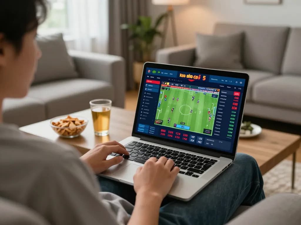 Person analyzing keo nha cai 5 odds on a laptop during online sports betting session