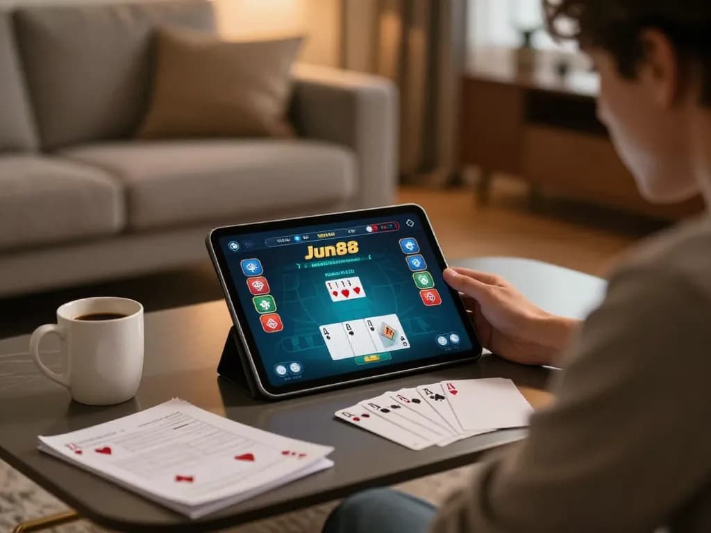 Player engaged in poker gameplay on Jun88's online platform in a cozy living room setting.