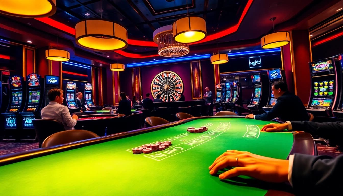Nohu90 casino players engaged in blackjack under warm lighting, showcasing excitement.