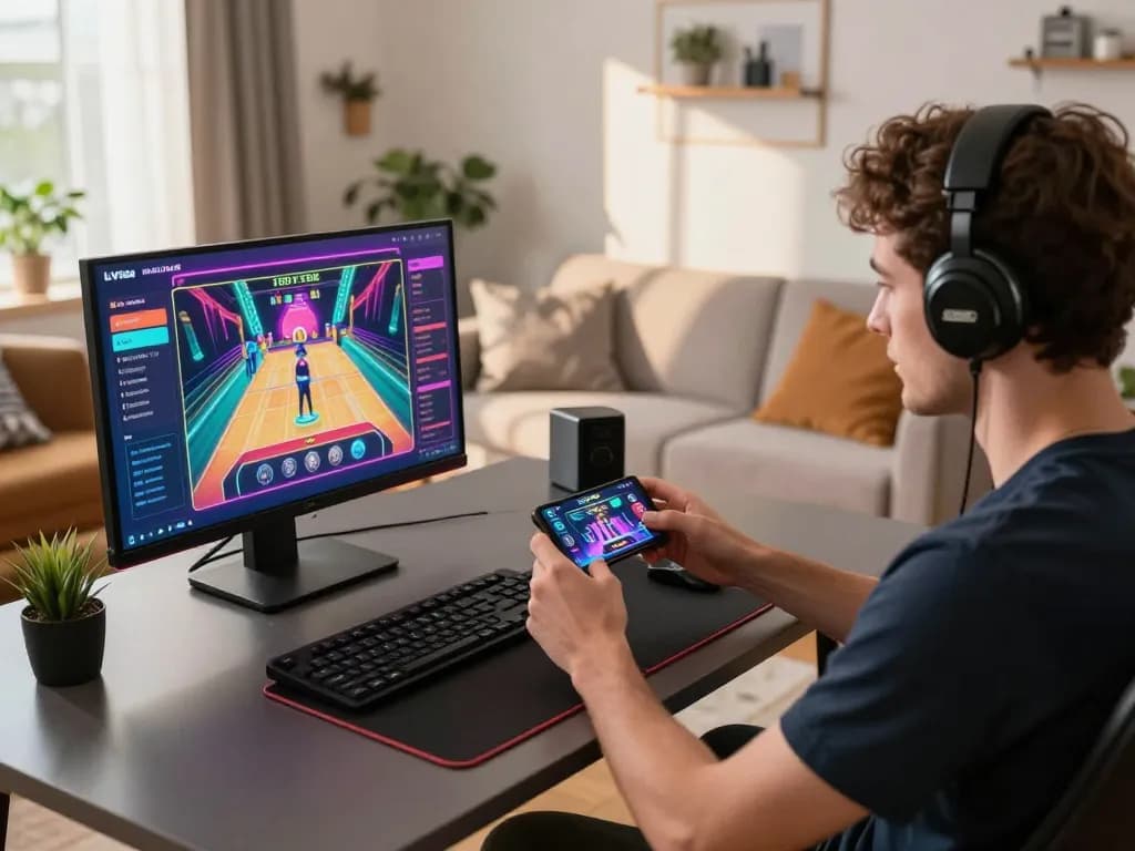 Player enjoying the LV88 mobile casino app on a smartphone in a well-lit home gaming setup