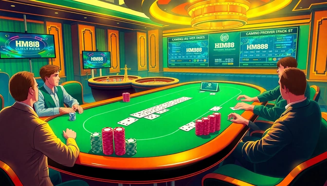 Engage in thrilling casino fun with HM88 at a luxurious poker table surrounded by chips and cards.