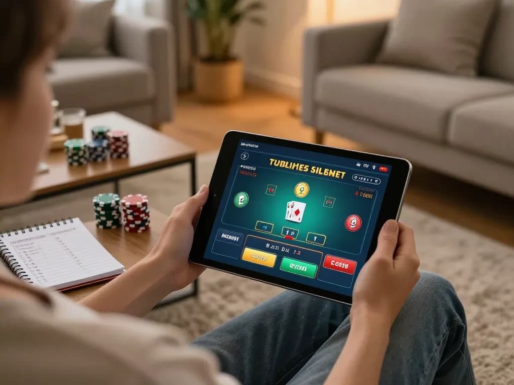 Engaging in strategic gameplay at nhà cái jun88 using an online blackjack tablet interface in a cozy home setting.