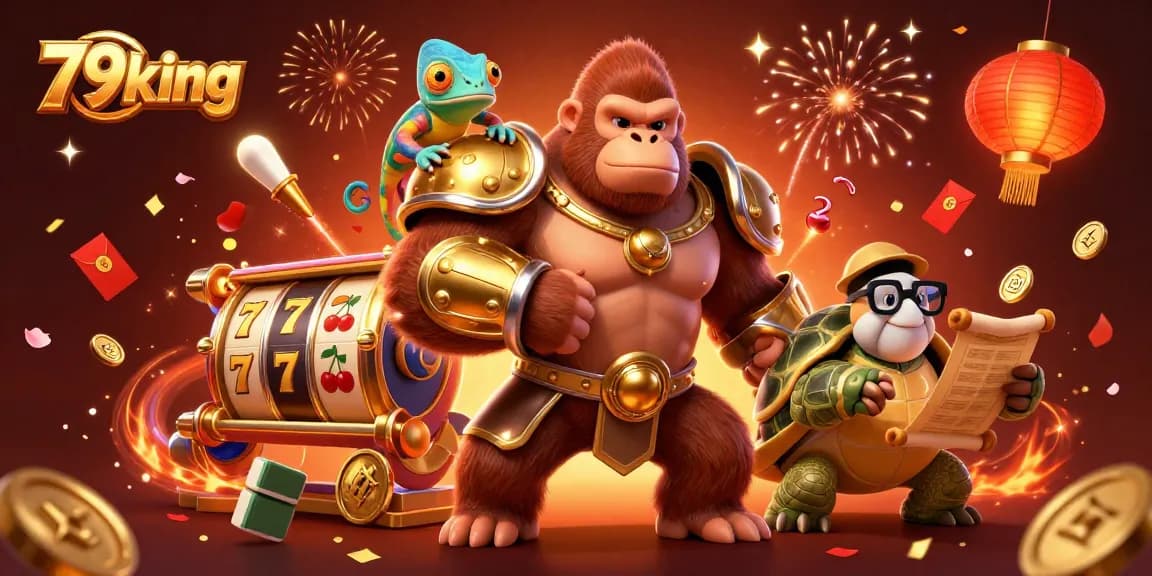Visualize a dynamic 79king scene with a gorilla king, chameleon, and tortoise amidst slot reels and festive decorations.
