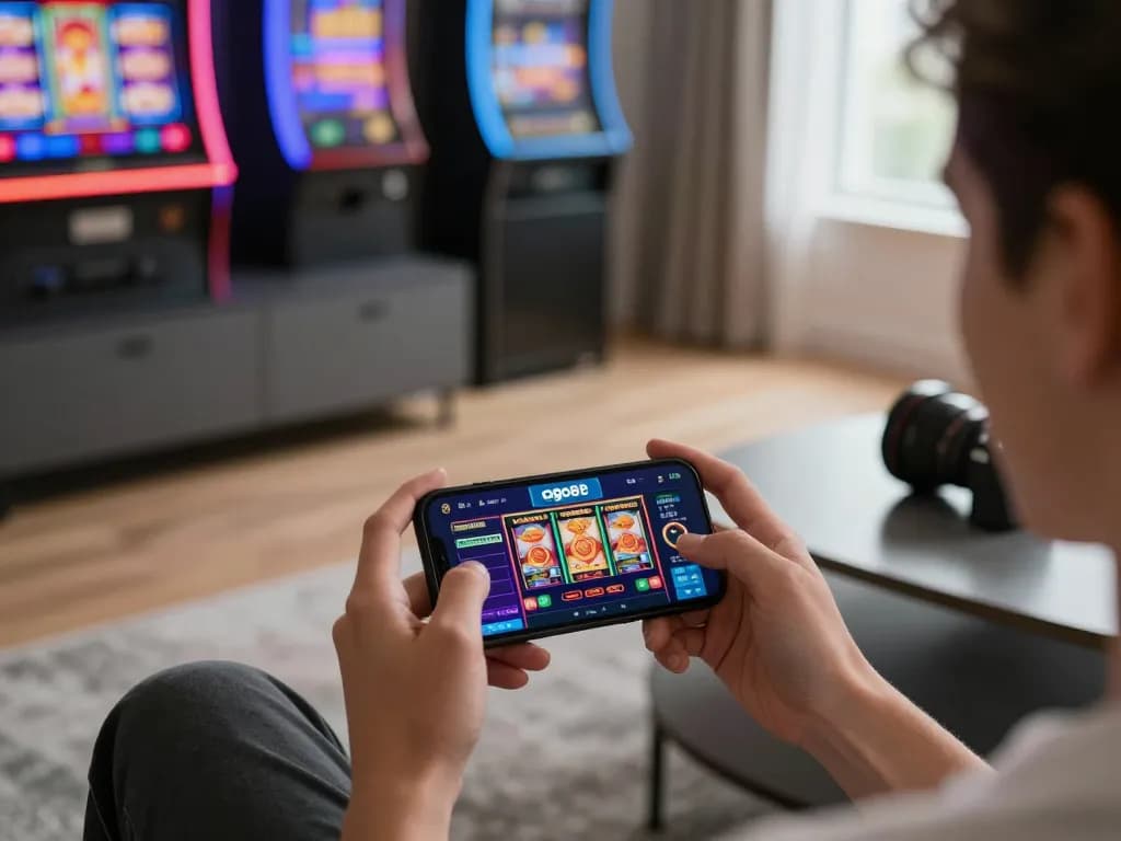 Engaging gameplay on go88 app, showcasing vibrant slot machines on smartphone in a modern setup