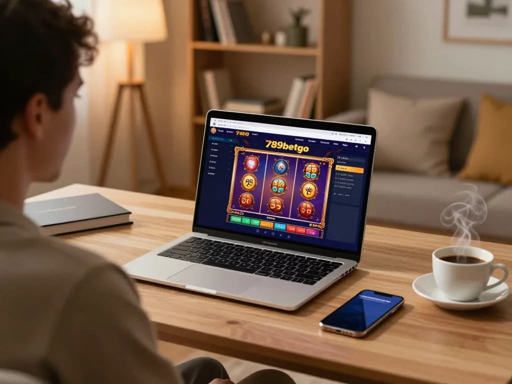 Engaged user enjoying online gaming session at 789betgo on a modern laptop, showcasing vibrant casino graphics.