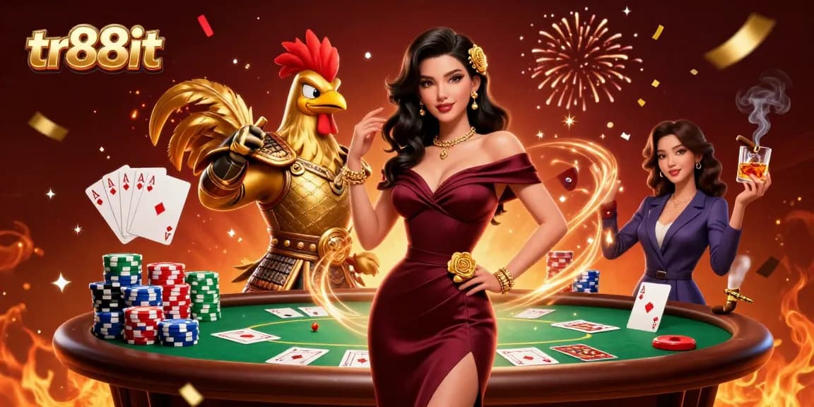 Experience exhilarating poker gameplay with the glamorous tr88it woman and golden rooster warrior.