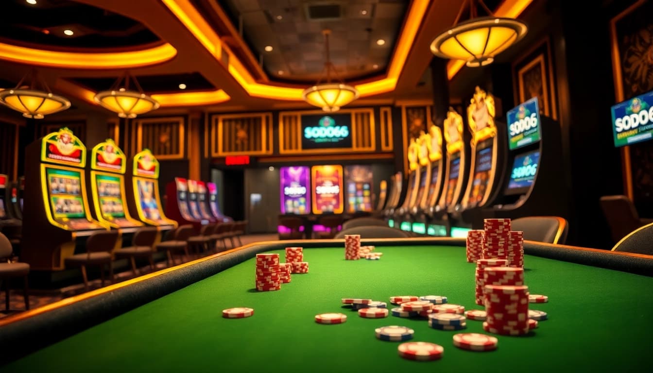 Experience the thrill of online gambling at SODO66 with vibrant casino visuals and exciting betting elements.