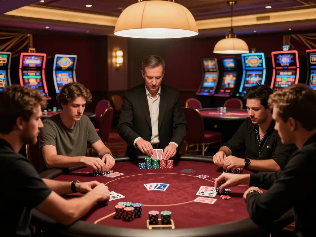 KUBET players engaging in a high-stakes poker game with chips and cards displayed.