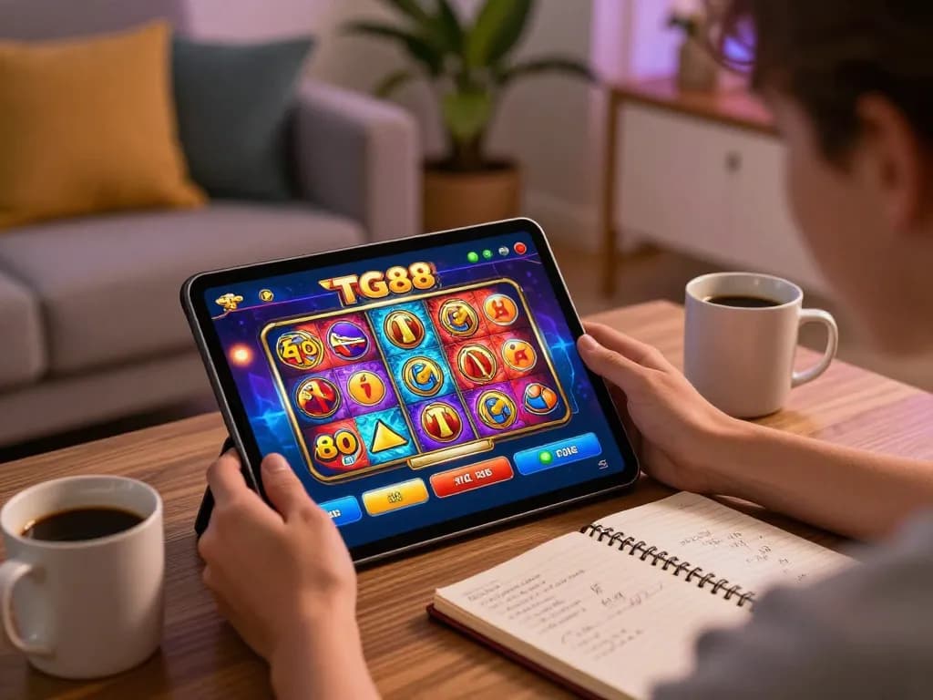 Play thrilling slot games on TG88's platform in a cozy home setting, featuring vibrant graphics.