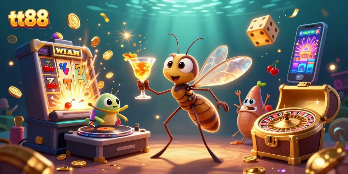 Experience thrilling gameplay at tt88 with a cartoon mosquito mascot holding a cocktail, surrounded by jackpot excitement.