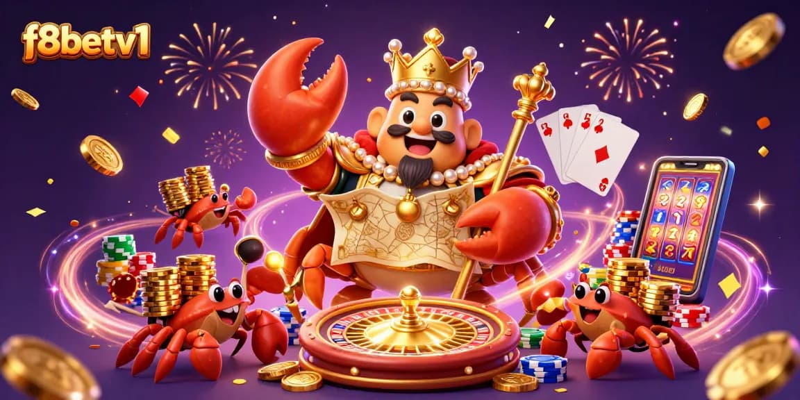 Engage with f8betv1's thrilling casino illustration showcasing a golden crab emperor amidst vibrant gaming elements.