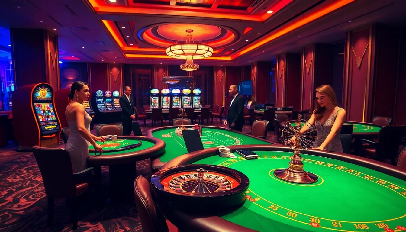 Gamblers enjoying games at a luxury casino featuring https://xx88.day/ with vibrant casino tables and slots.