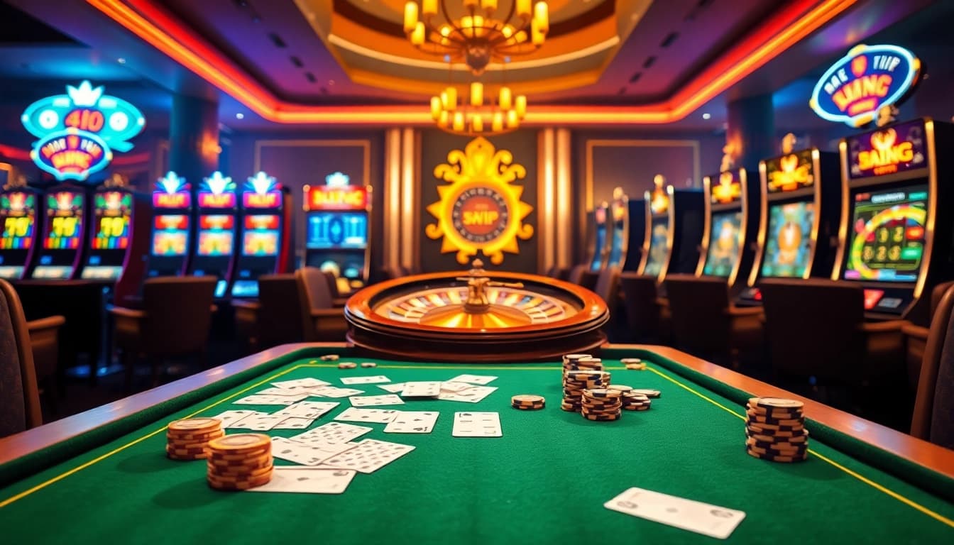 Experience the thrill of 68VIP gaming with casino tables, slots, and vibrant poker chips.