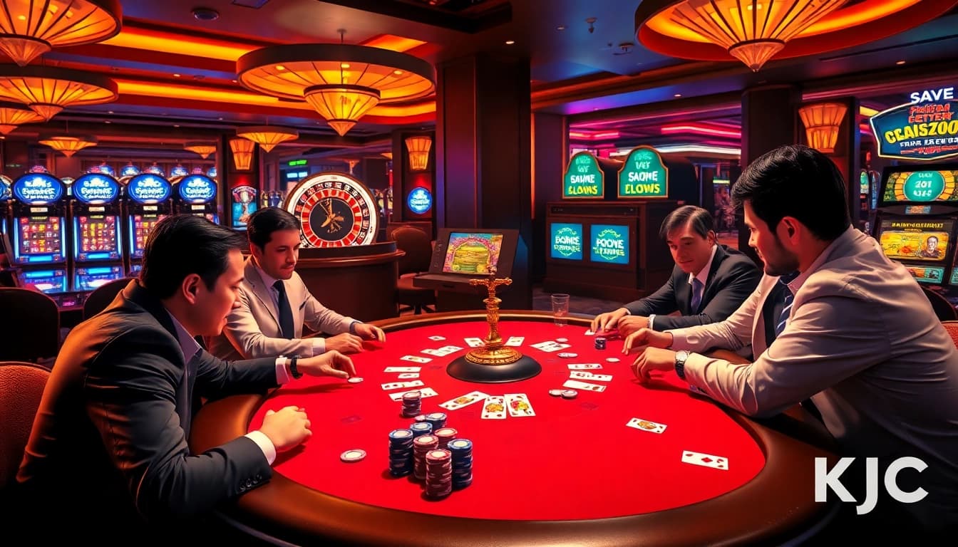 Engaging poker players at a KJC casino table surrounded by vibrant slot machines and a spinning roulette wheel.