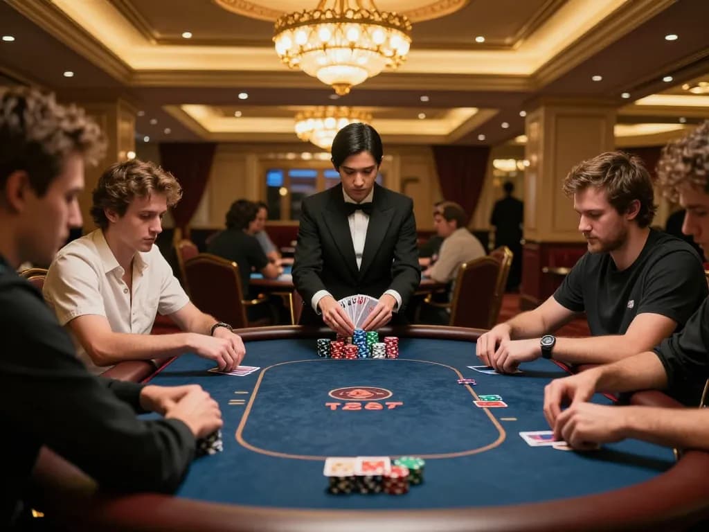 Engaged players at a high-stakes poker table in a luxurious casino setting, strategizing with stacks of chips visible, 777X action in play