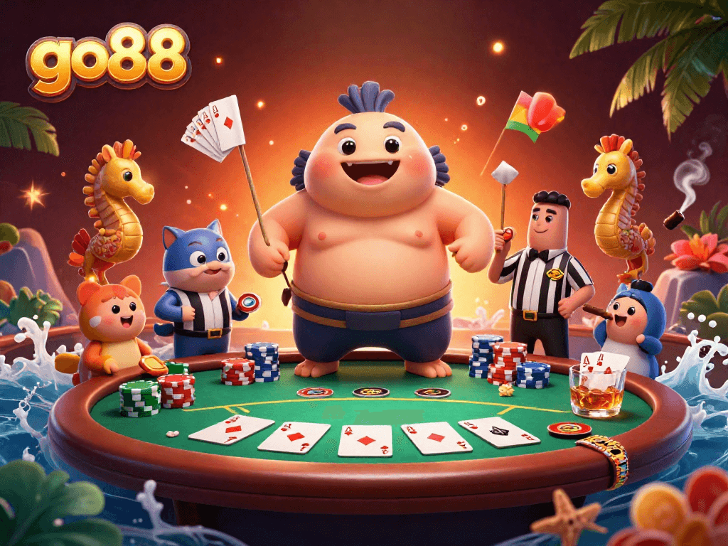 Engage with go88's dynamic casino atmosphere, showcasing a whimsical underwater poker match.