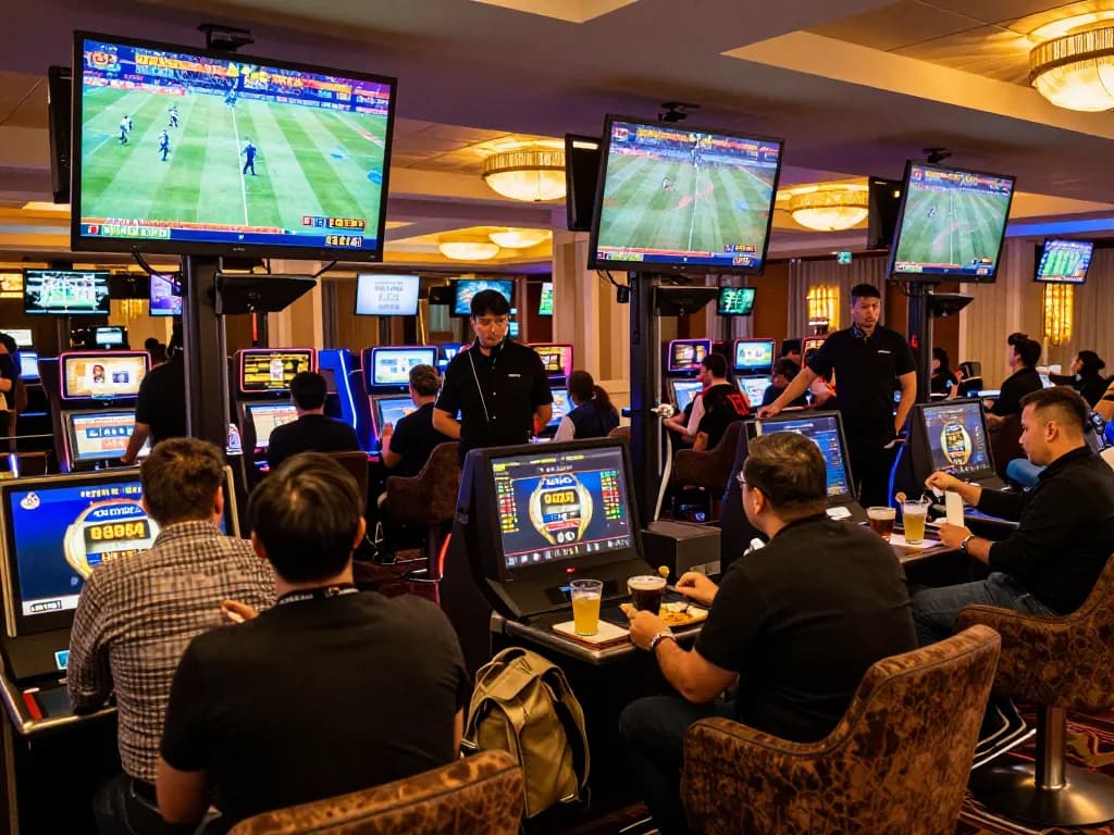 KQBD sports betting scene with enthusiastic patrons placing bets and watching live events.
