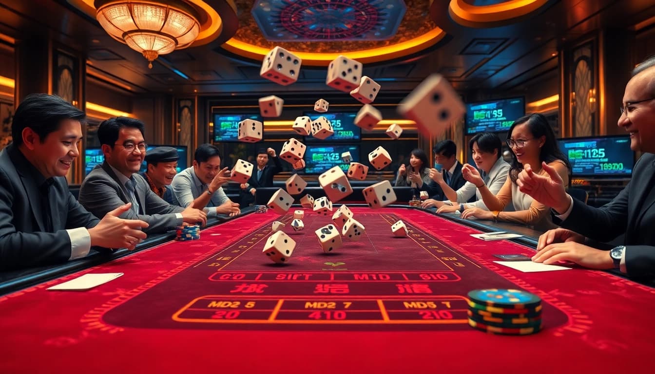 Players placing bets at a vibrant Tài xỉu MD5 table in a modern casino.