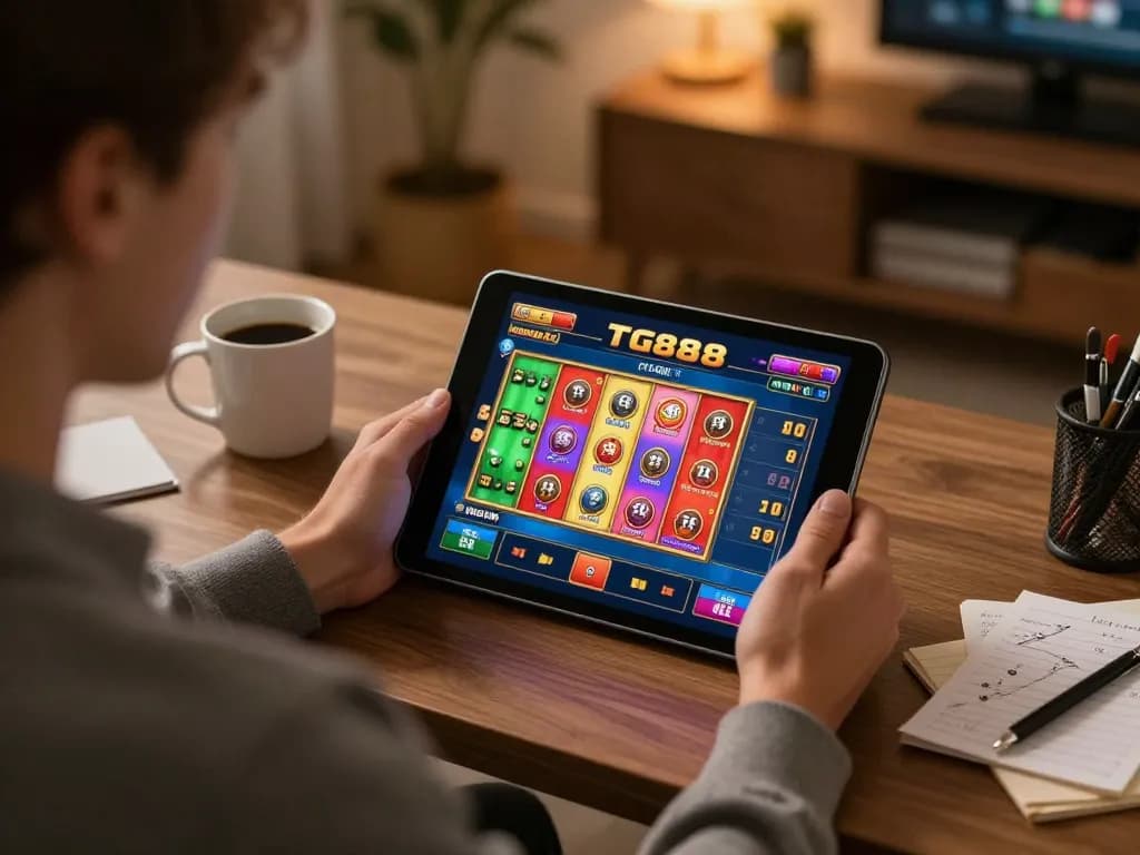 Engaging in a tg88 game on a tablet in a cozy home office setting.