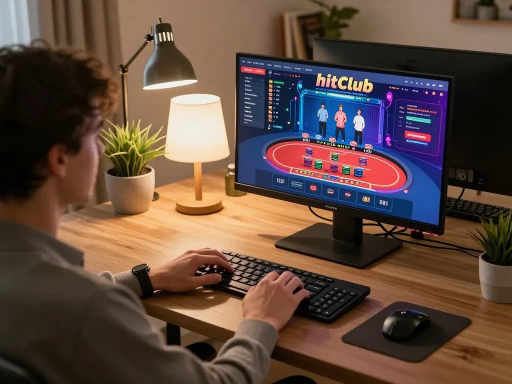 Player immersed in hitclub online casino gaming on laptop, showcasing modern home gaming setup