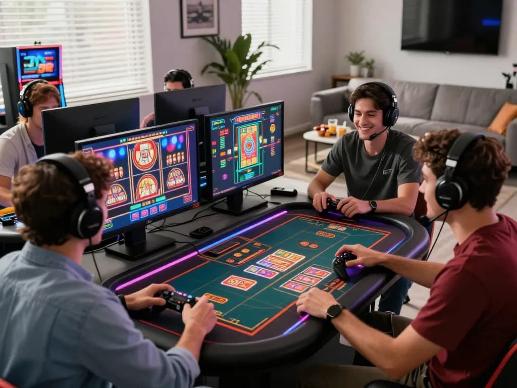 Engaged friends enjoying bomwin online gaming in a vibrant casino setting.