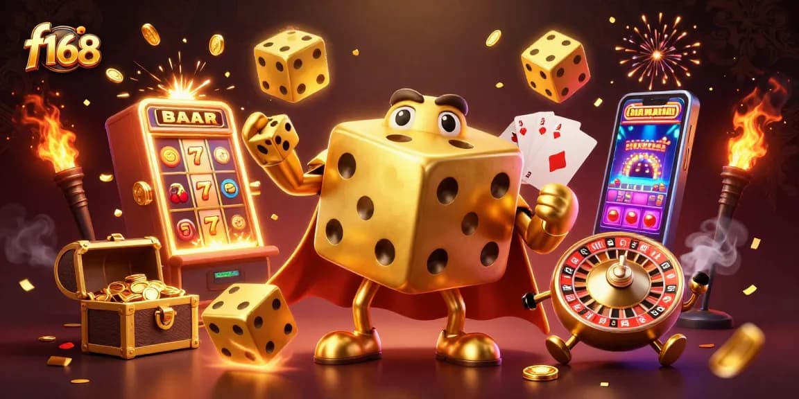 Experience thrilling gaming with F168 as a golden dice golem juggles jackpots and casino elements.