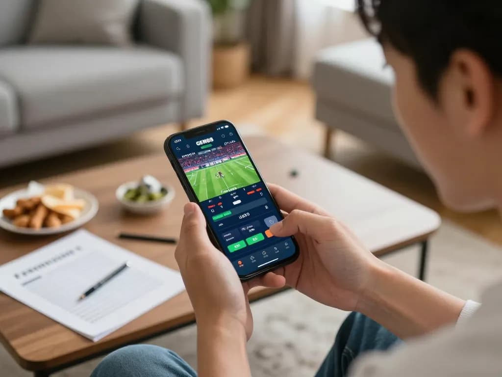 Engaging in online sports betting on GEM88, showcasing smartphone interface and a cozy living room setting.