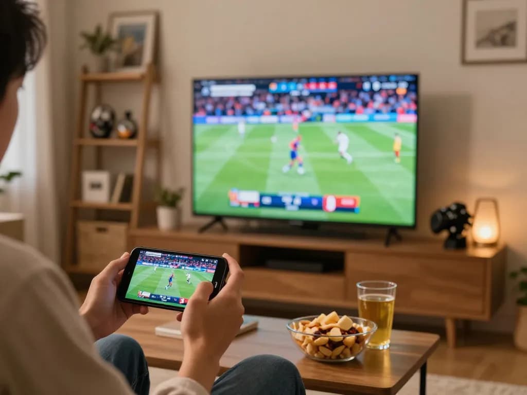 Dynamic sports betting moment on smartphone with Winbd Vip as excitement builds in a cozy home setting.