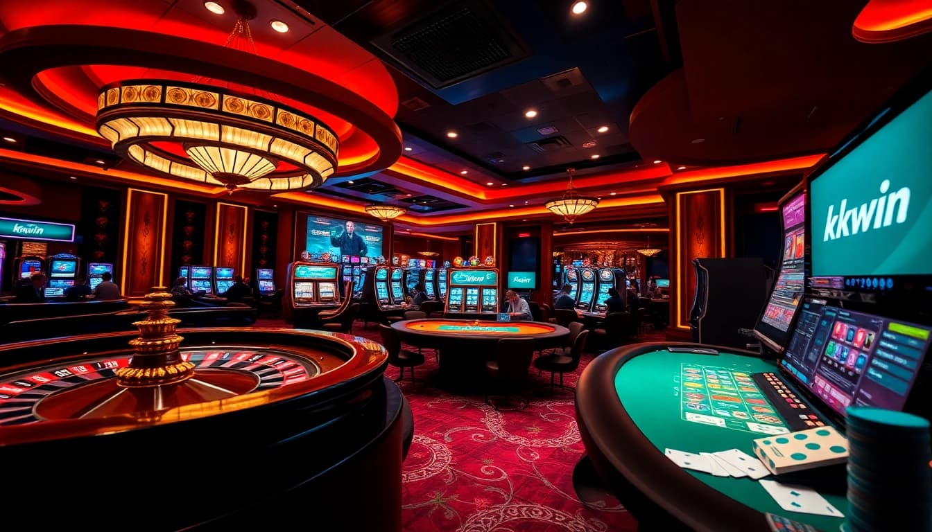 Experience the thrill of kkwin at a luxurious casino with vibrant gaming tables and slot machines.