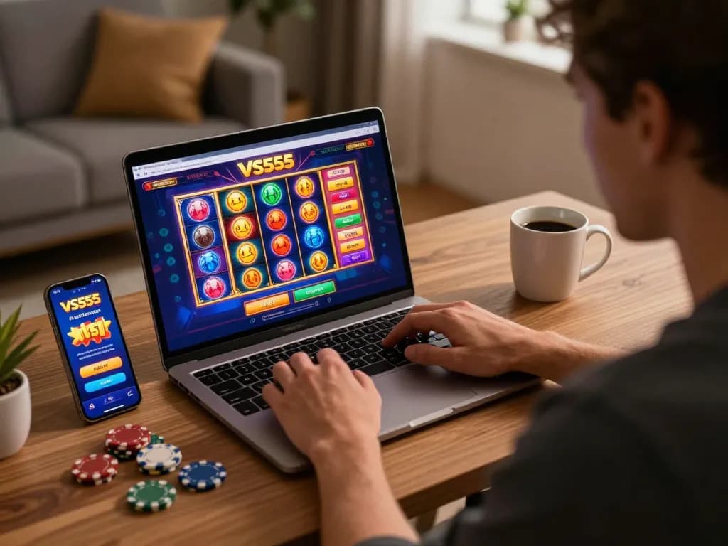 Player enjoying a fun gaming session at home on VS555 Casino with laptop and smartphone.