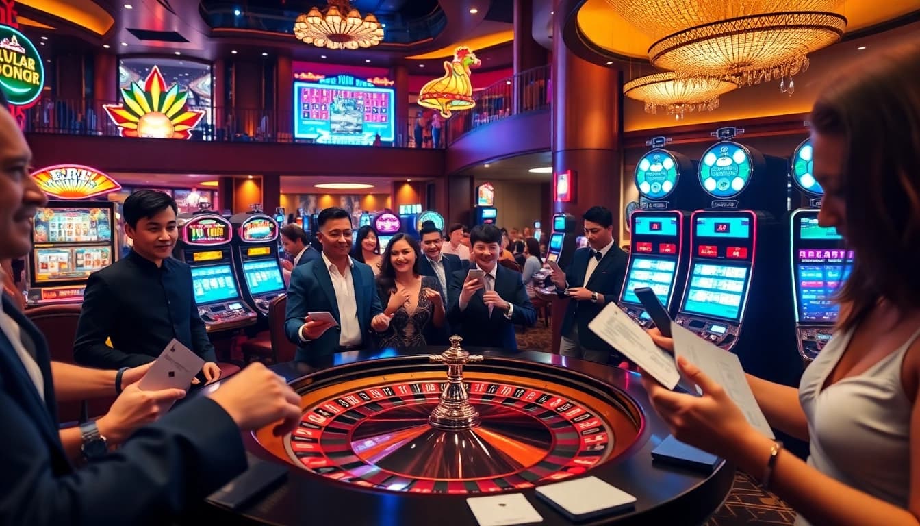 Excited players winning at https://nohudoithuong.life/ with vibrant slot machines and a roulette table in a luxury casino setting.