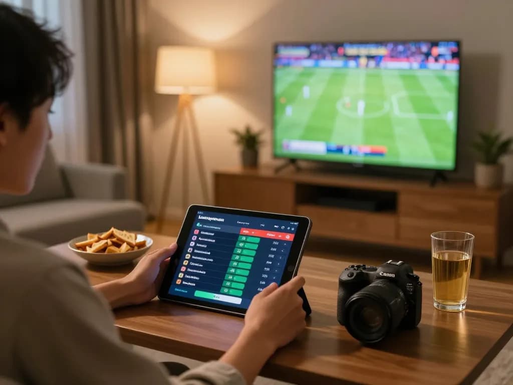 Person engaging with keobongda for online sports betting at home, cozy atmosphere.