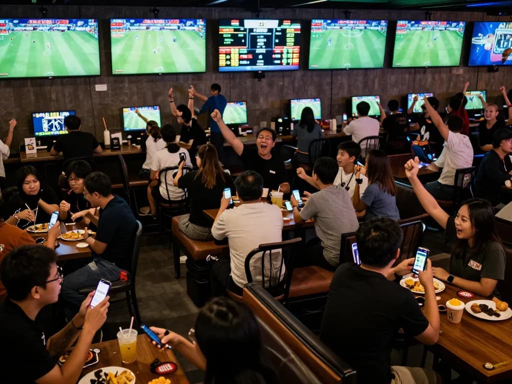 Fans engaging in keo nha cai betting while watching live sports in a vibrant pub atmosphere