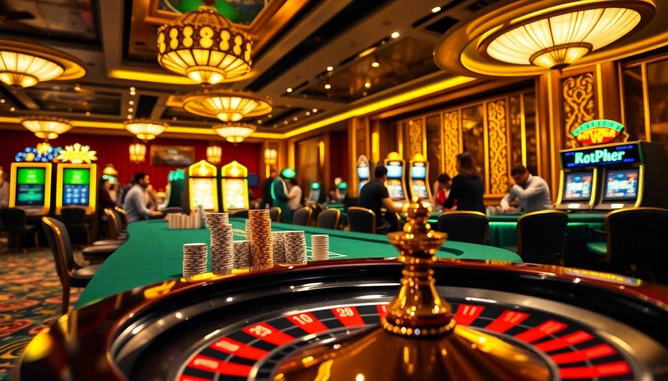KP88 immersive gaming scene with vibrant poker action and exciting slot machines.