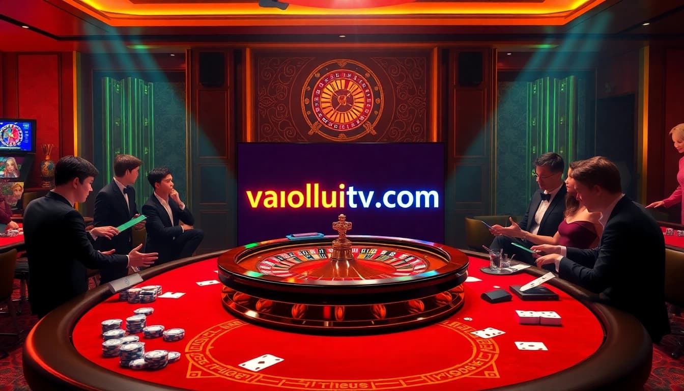 Experience high-stakes gaming at vaoluoitv com's elegant casino scene featuring roulette and poker.