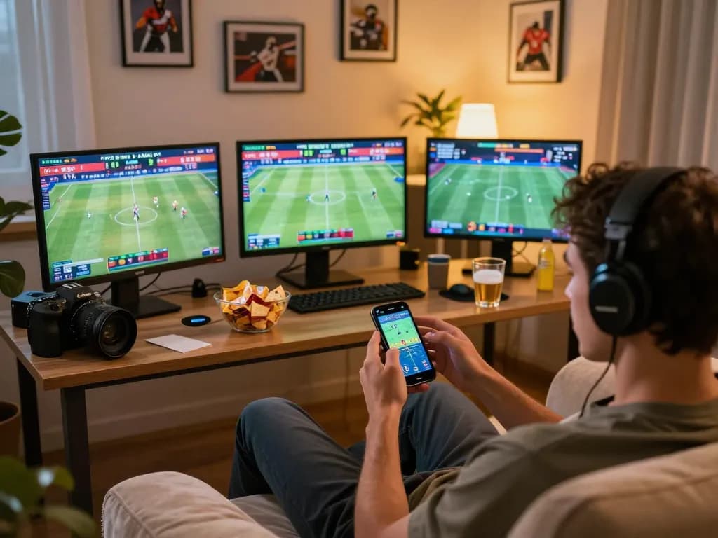 Exciting sports betting moment on 33win app with person engaged on smartphone and live sports displayed