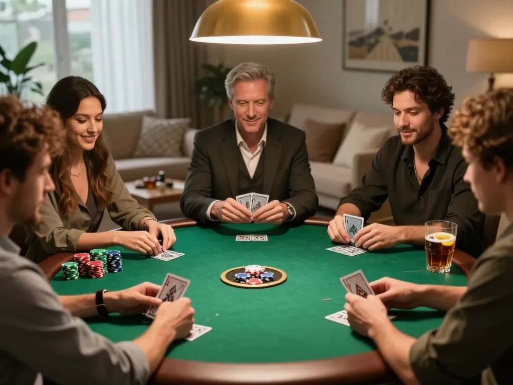 Players enjoying a friendly Go8 poker night with competitive gameplay and cozy atmosphere.