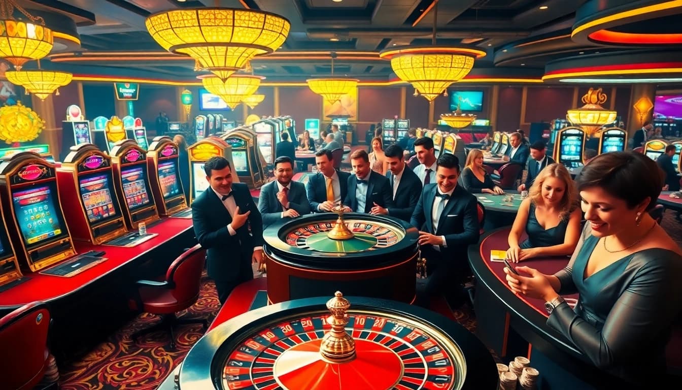 Players enjoying the vibrant gaming atmosphere at https://thabett.io/ casino with colorful slot machines and poker tables.