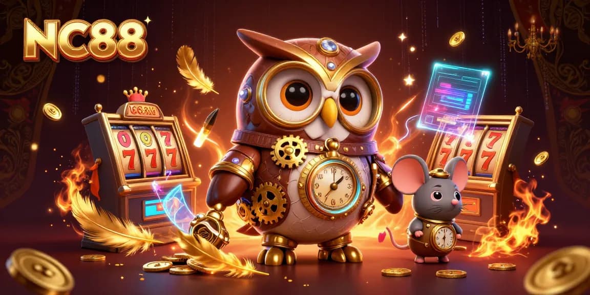 Engage in thrilling NC88 gameplay surrounded by vibrant casino elements like slot reels and golden tokens.